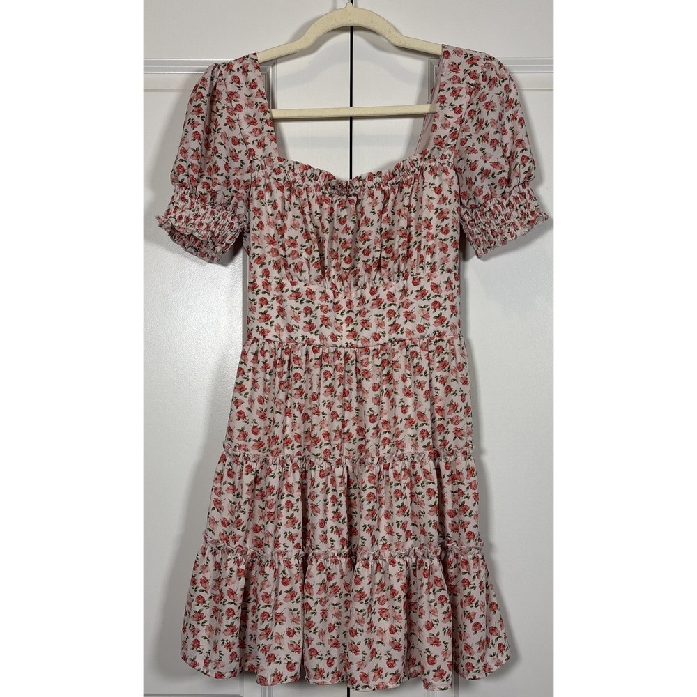 Trixxi Womens Tiered Mini Dress Pink Floral Puff Sleeve Romantic Milkmaid S
